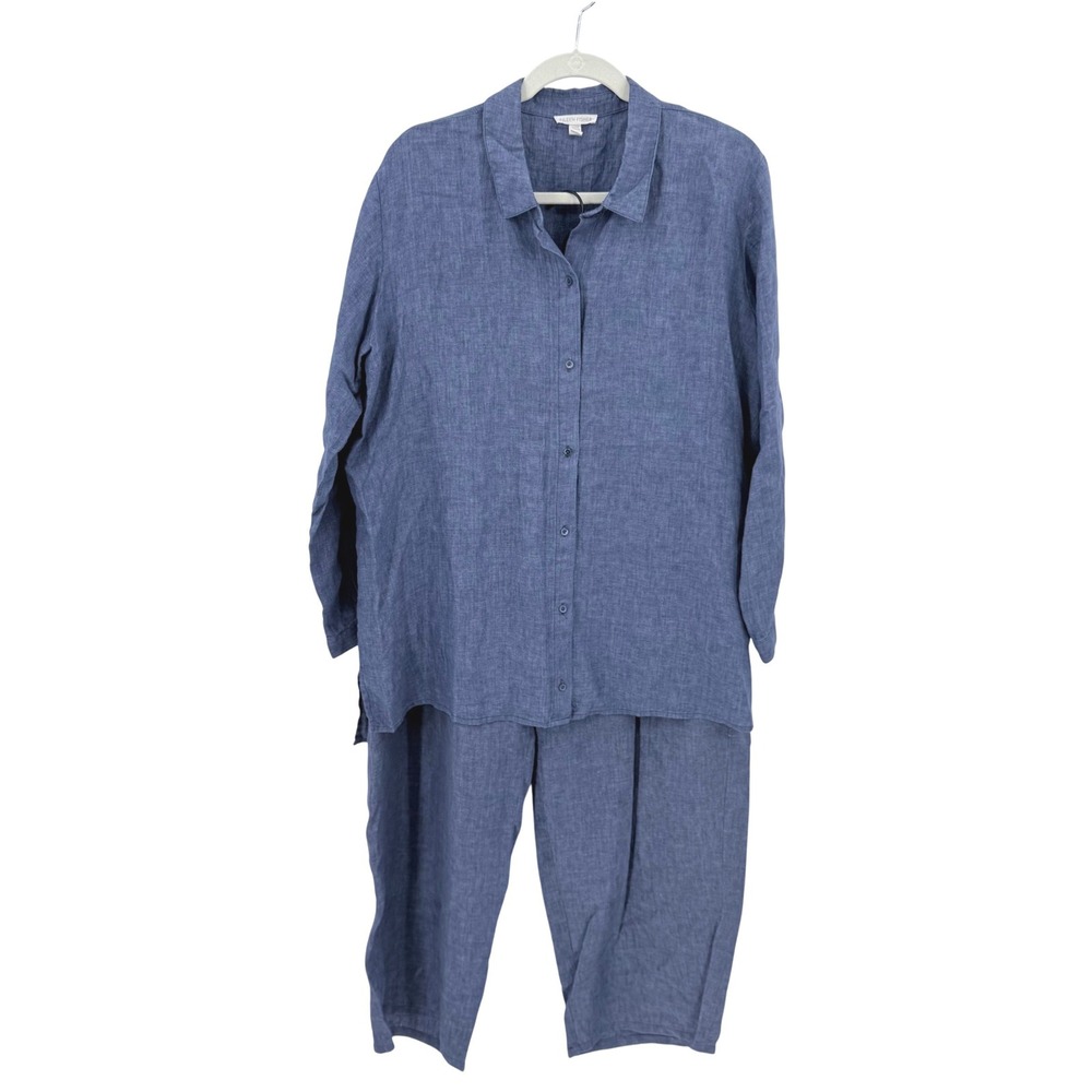 Eileen Fisher Delave Blueberry Blue Organic Linen 2 Piece Set Shirt L Pants XL